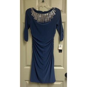 ADRIANNA PAPELL Beaded Shealth Dress Women 4 Blue Ruched 3/4 Sleeve Cocktail NEW